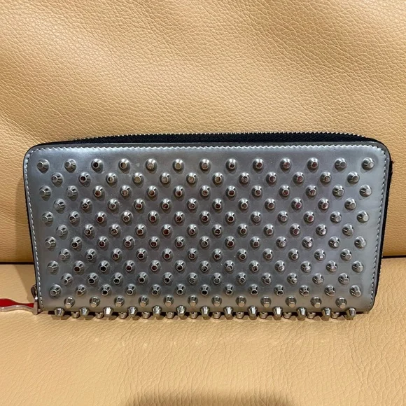 CHRISTIAN LOUBOUTIN Panettone Silver Leather Studded Zip Around Long Wallet - Picture 2 of 10